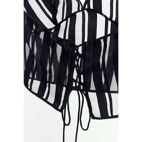 NWOT Zara Black Striped Organza Translucent V-Neck Halter Top, Size Medium - Picture 5 of 15